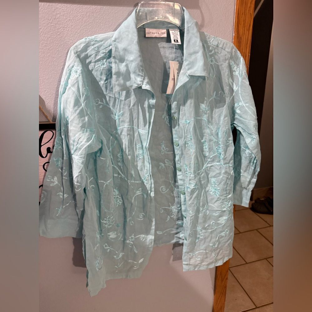 Pursuits Ltd Sheer Button Down Collar Embroidered Blouse Shirt Turquoise NWT M